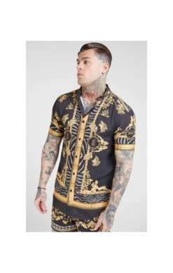 SikSilk High Collar Resort Shirt - Ocean Black
