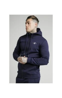 SikSilk Navy Zip Through Muscle Fit Hoodie
