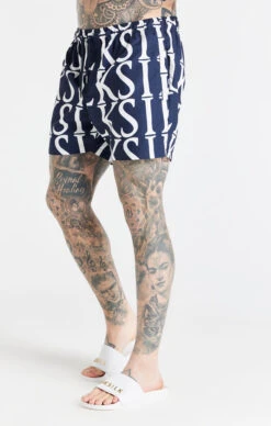 SikSilk Navy Print Longline Swim Short
