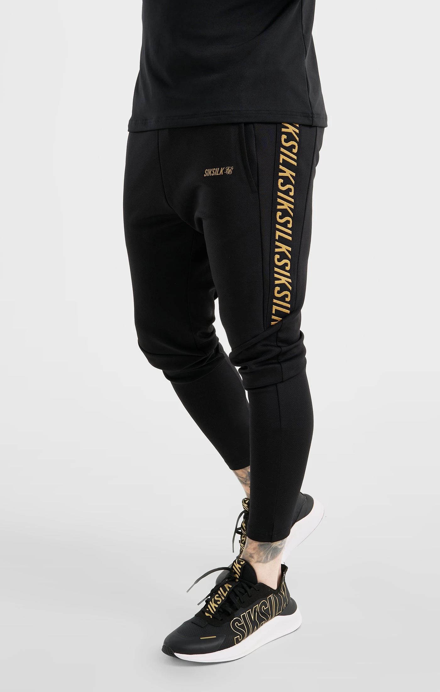 SikSilk Black Sports Taped Muscle Fit Track Pant