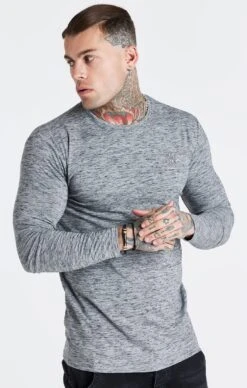 SikSilk Grey Marl Long Sleeve Muscle Fit T-Shirt