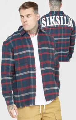 SikSilk Navy Towelling Logo Long Sleeve Check Shirt