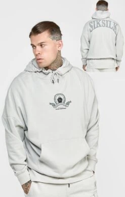 SikSilk Grey Varsity Print Oversized Hoodie