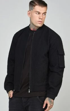 SikSilk Black Repeat Logo Denim Bomber Jacket