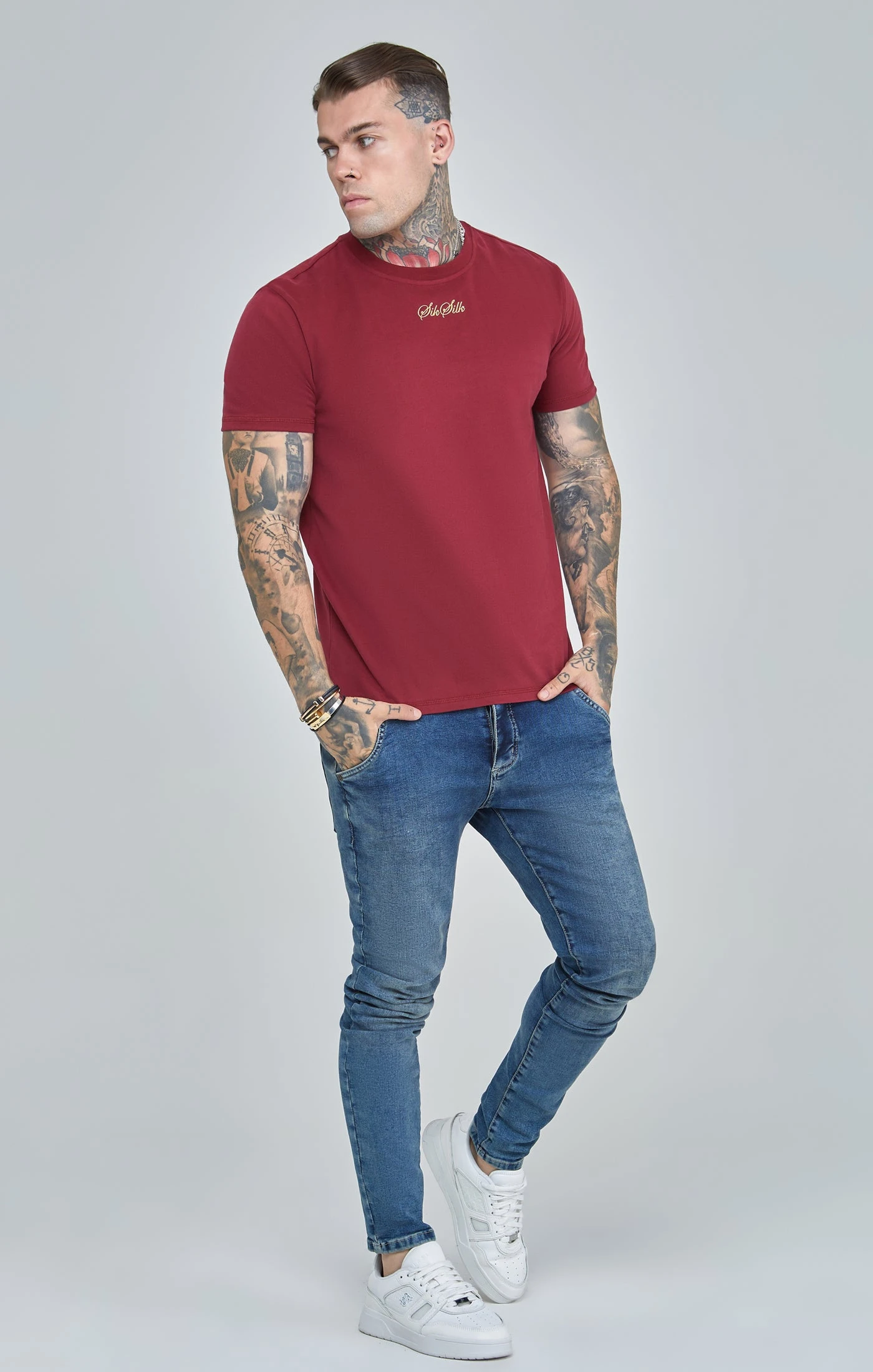 SikSilk Burgundy Script Logo Oversized T-Shirt - Image 2