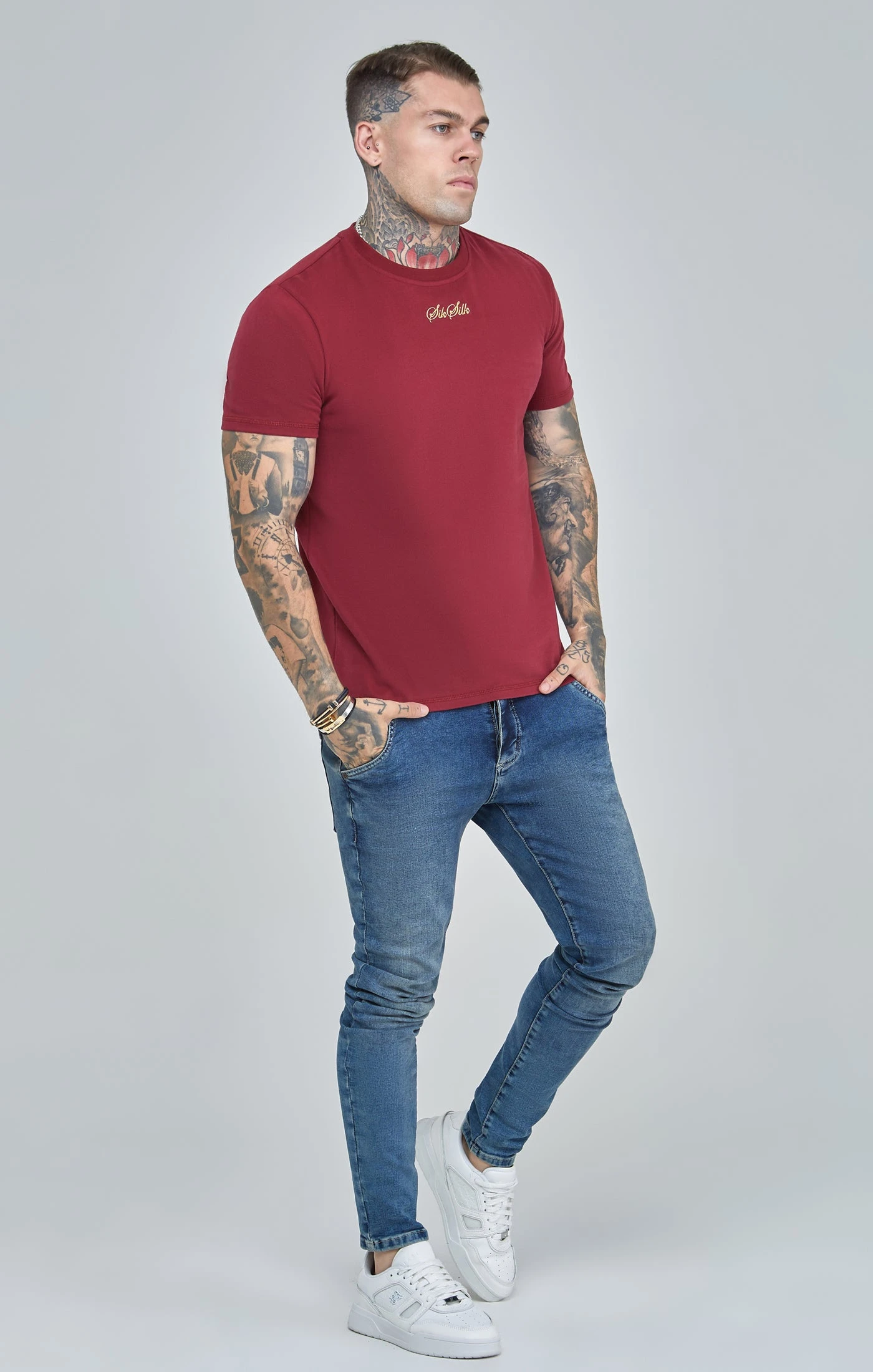 SikSilk Burgundy Script Logo Oversized T-Shirt - Image 4