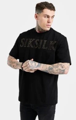 SikSilk Black Oversized Rhinestone Logo T-Shirt