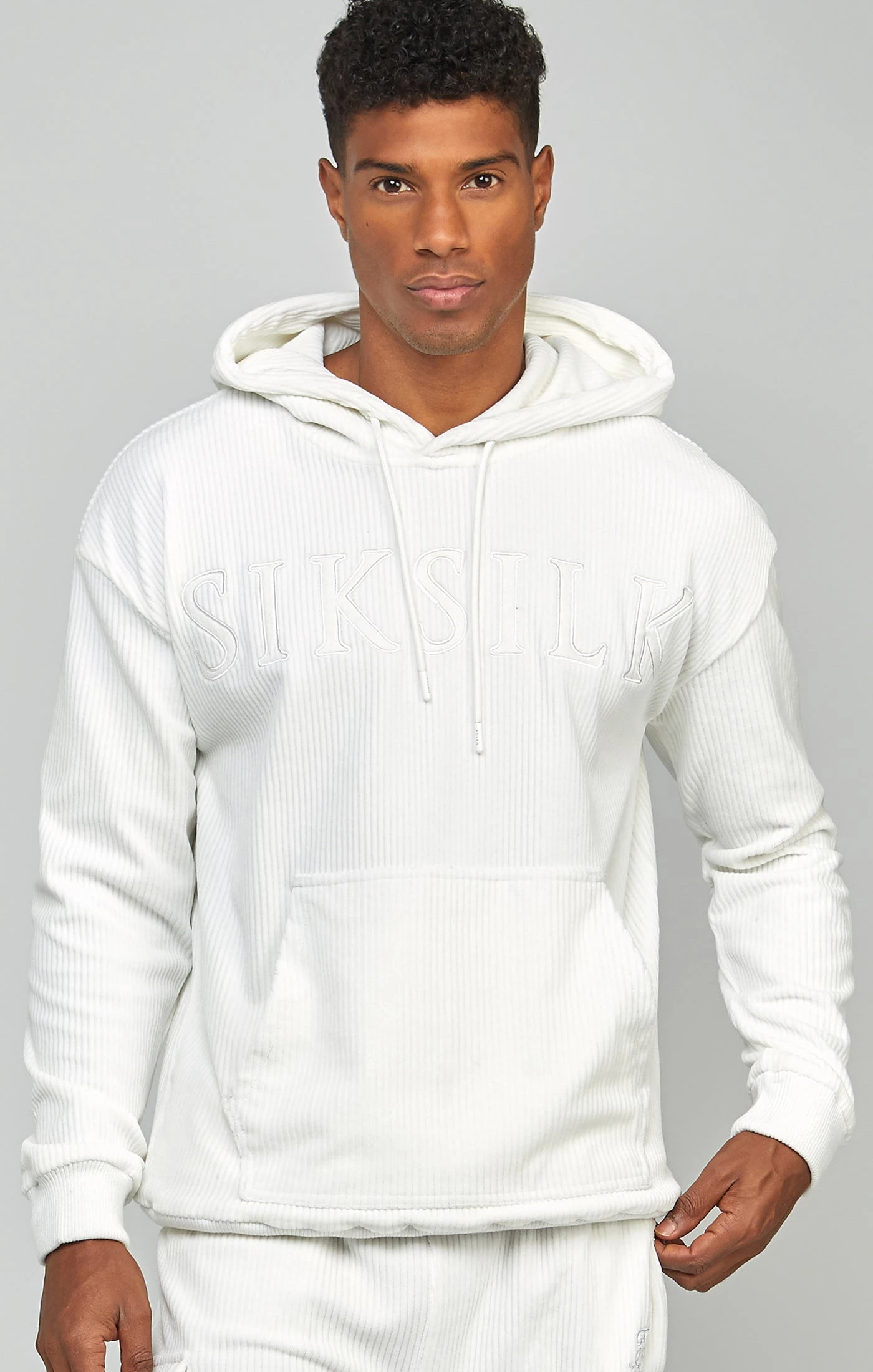 SikSilk Ecru Corduroy Applique Logo Overhead Hoodie