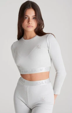 SikSilk Girls Grey Ribbed Long Sleeve Cropped T-Shirt