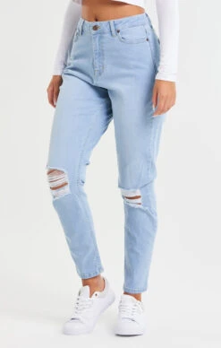 SikSilk Light Blue Knee Rip Denim Mom Jean