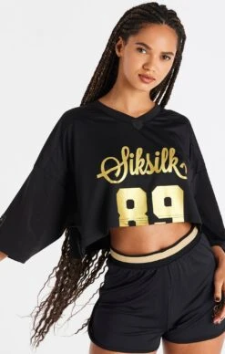 SikSilk Black Retro Football Crop Jersey