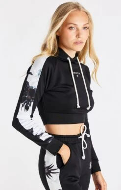 SikSilk Black Floral Panel Sleeve Crop Hoodie