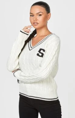 SikSilk Ecru Varsity Cable Knit Sweater
